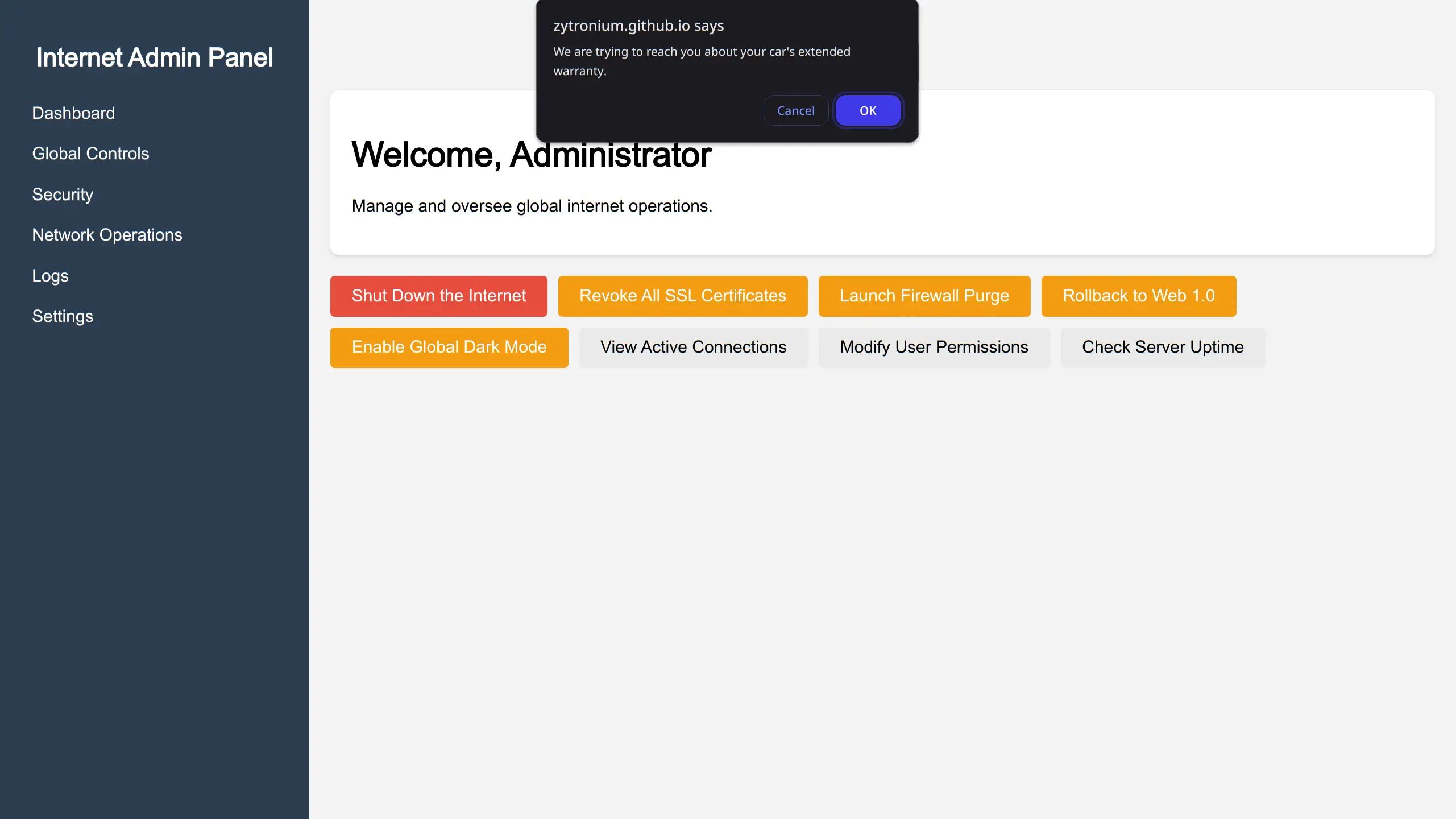 Screenshot of Internet Admin Panel