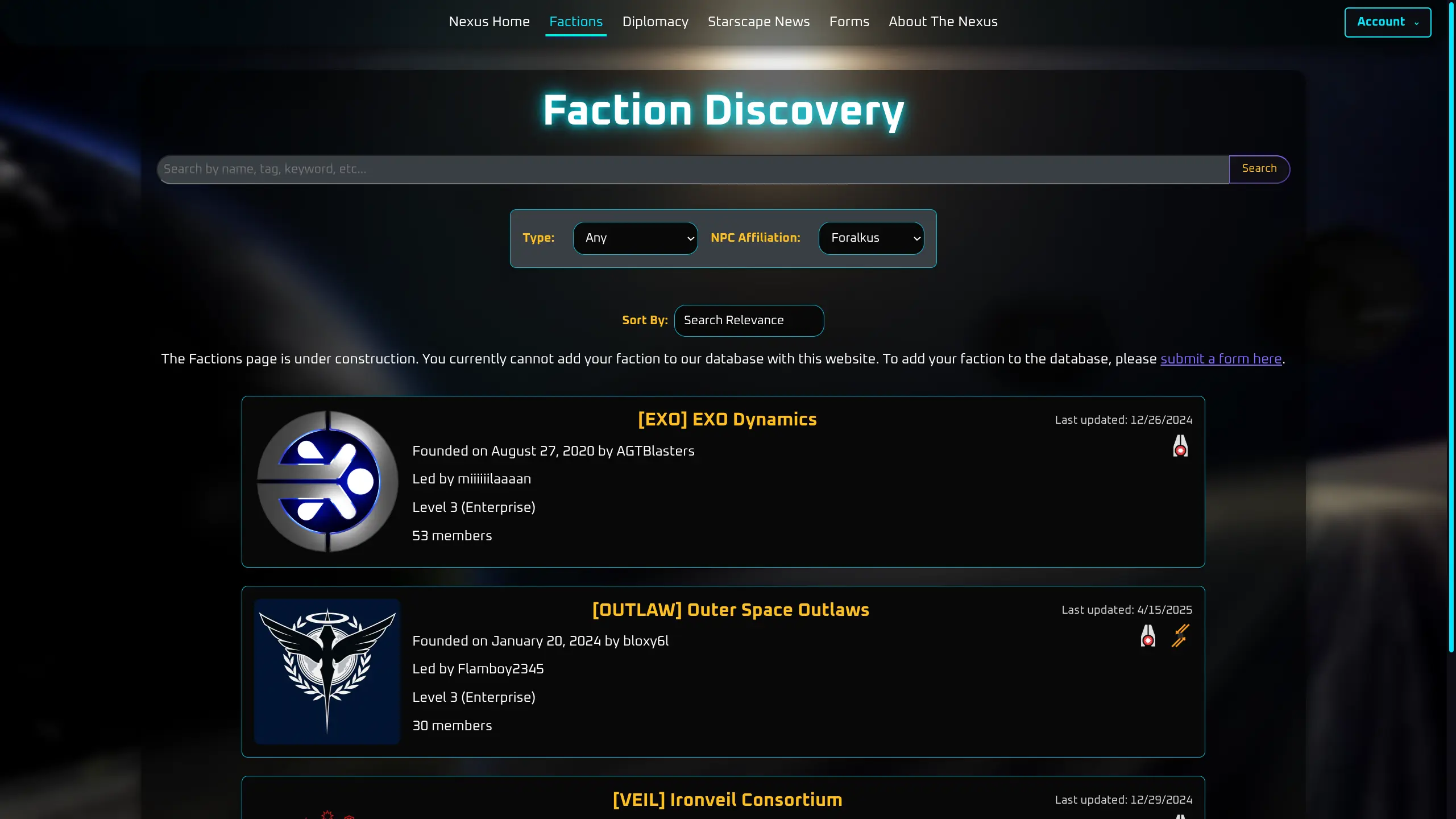 Screenshot of The Faction Nexus